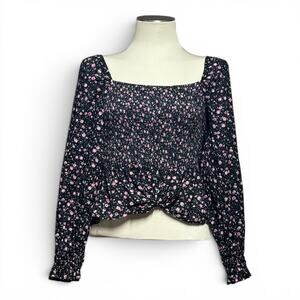 Dizzy Lizzy Cotton Puff Sleeve Ruffle Cropped Top Black Pink Floral Medium